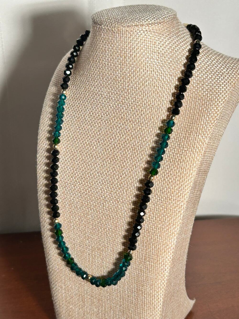 Faceted Crystal Bead Necklace Black Teal Green Layering Strand Gold Clasp 18"